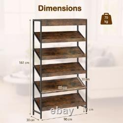 161cm 6-Tier Industrial Bookshelf Heavy Duty Metal Frame Wooden Slant Shelf