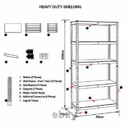 2x Blue Heavy Duty Metal 5 Tier Unit Bolt-less Shelving Racking Warehouse Shop