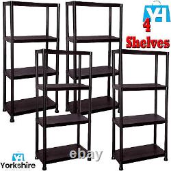4 Tier Plastic Storage Shelf Black Unit Garage Shelves Heavy Duty Shelving Rack
