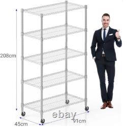 5 Tier Heavy Duty Metal Storage Rack Shelving Wire Shelf with Wheels 208x91x45cm