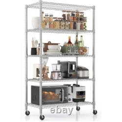 5 Tier Heavy Duty Metal Storage Rack Shelving Wire Shelf with Wheels 208x91x45cm