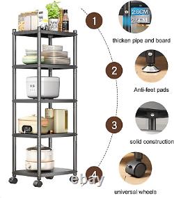 5 Tier Metal Shelving Unit Rack, Heavy Duty Storage Trolley with Wheels, Black