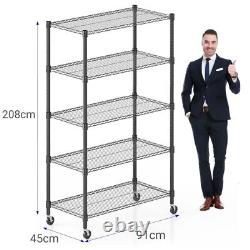 5 Tier Racking Shelf Heavy Duty Storage Shelves Unit With 4 Casters 91x45x208 cm