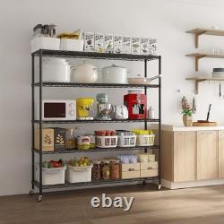 5 Tier Wire Shelving Unit with Wheels, 185cm Heavy Duty Metal Shelving Units