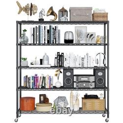 5 Tier Wire Shelving Unit with Wheels, 185cm Heavy Duty Metal Shelving Units