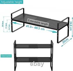 Adjustable Kitchen Cupboard Shelf Riser Organiser Heavy Duty Steel 2 Pack Black