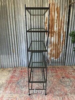 Antique Vintage style grey metal faux bamboo etagere glass shelves large display