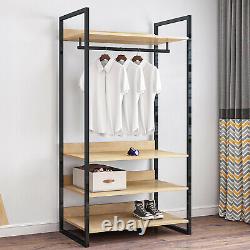 Bedroom Double Open Wardrobe Clothes Rail Coat Stand 4 Shelves Storage Cupboard