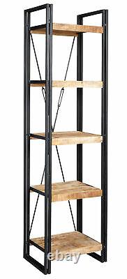 Bookcase 5 Shelf Slim Unit Solid Mango Wood Metal Frame Rustic Urban Industrial