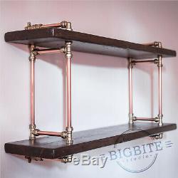 Copper Pipe and Brass Reclaimed Wood Bookshelf Industrial 2 Shelves Wall Unit