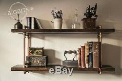 Copper Pipe and Brass Reclaimed Wood Bookshelf Industrial 2 Shelves Wall Unit