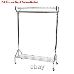 Full Chrome Heavy Duty Clothes Rail with Top & Bottom Shelves
