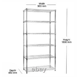 Garage, Kitchen 6 Tier Chrome Wire Shelving Unit H1800 x W900 x D450mm