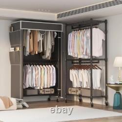 Heavy Duty Fabric Canvas Wardrobe Clothes Cupboard Hanging Rail Shelving withWheel