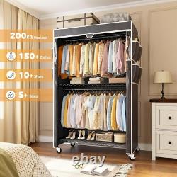 Heavy Duty Fabric Canvas Wardrobe Clothes Cupboard Hanging Rail Shelving withWheel