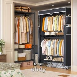 Heavy Duty Fabric Canvas Wardrobe Clothes Cupboard Hanging Rail Shelving withWheel