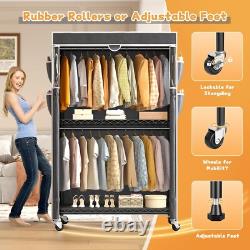Heavy Duty Fabric Canvas Wardrobe Clothes Cupboard Hanging Rail Shelving withWheel
