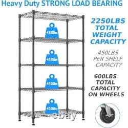 Heavy Duty Metal Storage Rack 5 Tier Wire Shelving Unit on Wheels Kitchen Garage