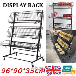 Heavy Duty Shop Retail Shelf 3-Layer Fruit Snack Storage Retail Rack With Wheels