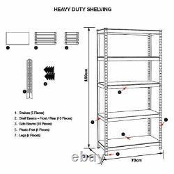 Heavy Duty Storage Racking 5 Tier Grey Rivet Shelving Boltless (150 x 70 x 30cm)