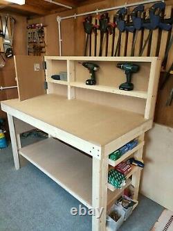 Heavy Duty Wooden Workbench 5 Feet Long With Shelves, Backboard, Small Cupboard