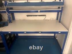 Heavy Duty Work/Office/PC Bench Blue Metal Chipboard Worktop & Half Shelf