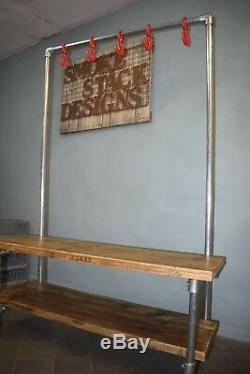 Industrial Style Coat Stand/Gym Bench, with Heavy Duty Hooks, and Shoe/Bag Shelf
