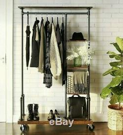 Industrial Style Garment Clothes Rail Shelves Storage Metal Pipe Mobile Wardrobe