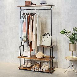 Industrial Style Wooden Metal Clothes Rail Rack Stand Storage 4 Shelves withWheels