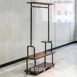 Industrial Style Wooden Metal Clothes Rail Rack Stand Storage 4 Shelves withWheels