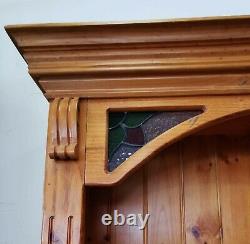 Large Solid Antique Mexican Pine Bookcase With 5 Shelves & Stained Glass Inserts