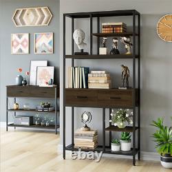 Modern Tall Bookcase Cabinet Kitchen Plant Storage Shelf Stand with 2 Wood Drawers