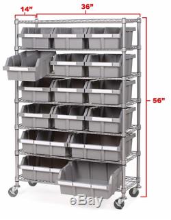 NSF Commercial Grade Storage Bin Rack 7 Shelves 18 Heavy Duty Bins on Wheels