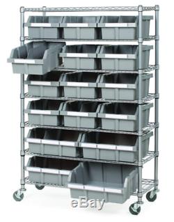 NSF Commercial Grade Storage Bin Rack 7 Shelves 18 Heavy Duty Bins on Wheels