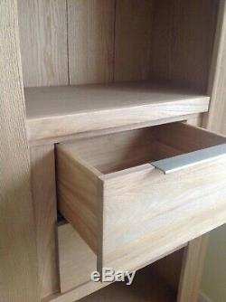 New Tall Slim Natural Light Oak Wood Book Case Shelf Unit Twin Centre Drawers