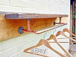 Rustic 22mm Copper Pipe Clothes Rail Shelf Chunky Wood Vintage / Industrial