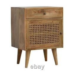 Scandinavian Style Rustic Boho Bedside Table / Side Table With Rattan Door Front