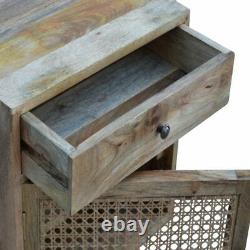 Scandinavian Style Rustic Boho Bedside Table / Side Table With Rattan Door Front
