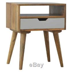 Scandinavian Style Solid Wood Bedside Table With Painted White Drawer & Shelf