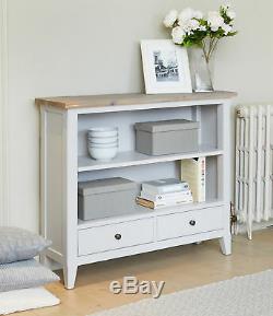 Signature Solid Wood 2 Shelf Bookcase 2 Drawers Low Storage Grey Limed Oak Top