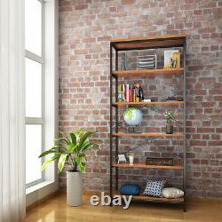 Solid Wood Storage Shelf 5-story Unit Wooden Bookcase Metal Frame Bookshelf UK