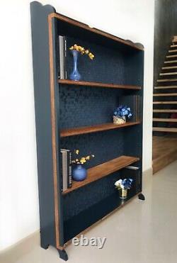 Solid oak and dark blue bookcase/display shelving unit