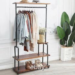 Steampunk industrial Design Clothes rail withshelves. Malleable iron steel pipe