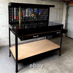 SwitZer Heavy Duty Metal Workbench Garage Table Pegboard Shelf Drawer Workshop