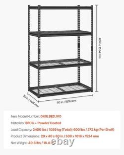 VEVOR 4-Tier Heavy Duty Garage Shelving 2400lb Capacity 20x40x60 inch Black