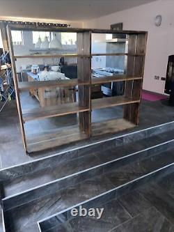 Vintage Large Industrial Style Wooden Wall Shelf With Mirror Back Compartments