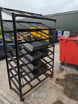 Workshop storage. Heavy duty Steel shelving with 7 metal trays