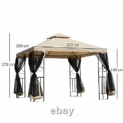 3x3(m) Extérieur Gazebo Patio Pavillon Canopée Tente Avec Netting & Étagère Toit À 2 Étages