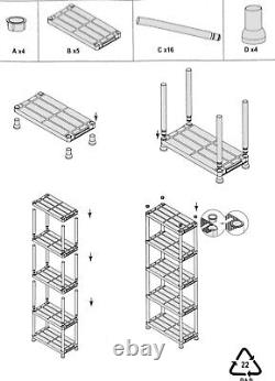 4x Étagères de rangement en plastique 5 niveaux Organisateur d'intérieur Étagère de rangement 173x60x30 S247