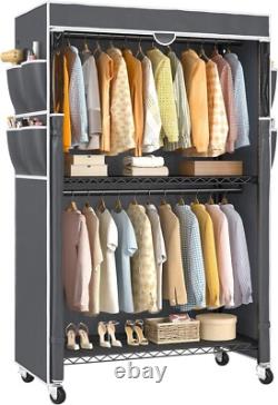 Armoire en toile en tissu robuste avec rail de suspension et étagères sur roulettes